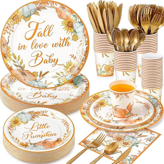 Ziliny 350 Pcs Fall Baby Shower Party Supplies Fall in Love with Baby Paper Plates Napkins Cups and Plastic Cutlery Party Tableware Set for Autumn Shower Birthday Decorations, Serves 50