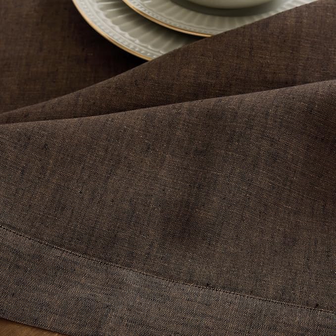 Solino Home Linen Tablecloth 60 x 156 Inch - 100% Pure Linen Chambray Brown Table Cloth for Rectangle Tables - Athena, Machine Washable Tablecloth