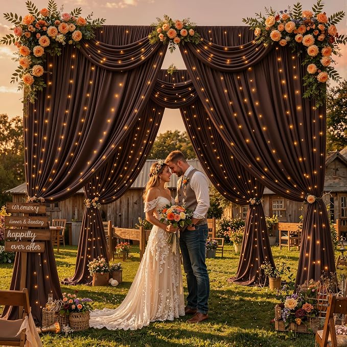 Brown Backdrop Curtains with Lights for Parties,10x10FT Wrinkle Free Wedding Photo Backdrop Curatin Drapes Fabric for Baby Shower Birthday Ceremony Reception Home Party Decorations