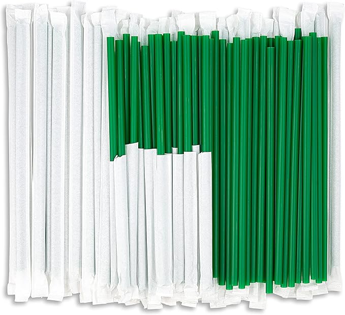 DuraHome Green Plastic Straws Individually Wrapped 1000 Pack, 8 inch BPA Free Restaurant Style Disposable Drinking Straw 0.24" Wide, for Coffee House, Diner or Home, Decorative Display Boxes, Bulk Set
