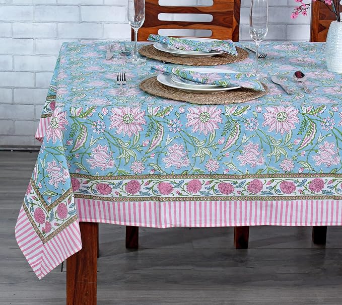 Ridhi Turquoise Blue Hand Block Print Cotton Rectangle Tablecloth 102" x 48" inches Reusable Table Cover Decorative Everyday Use for Dining Room, Farmhouse, Home Gift for Spring, Mother's Day