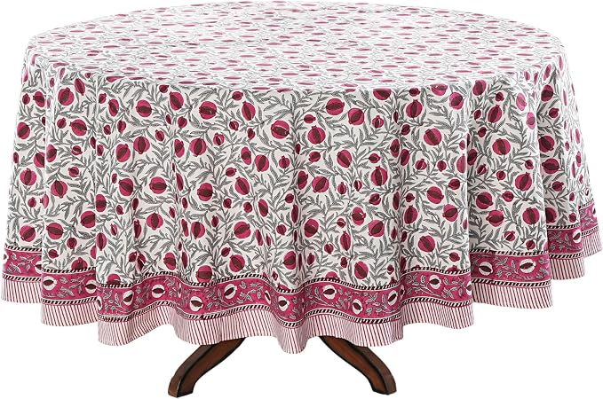 Ridhi Round Tablecloth Hand Block Print 100% Cotton Reusable Sangria Red 110 Inch Table Cover Decorative Everyday Use for Dining, Home, Party, Wedding, Farmhouse, Party Gift for Spring, Mother's Day