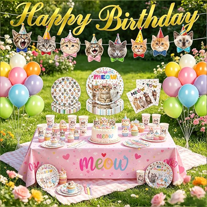 Cat Birthday Decorations with 9" & 7" Plates, Napkins, Tablecloth, Cake Topper, Pre-assembled Banner & Honeycomb Centerpieces & Balloon for Cat Themed Birthday Party Decorations