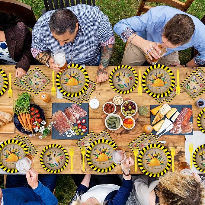 chiazllta 96 Pcs Handyman Tools Party Paper Plate and Napkins Construction Birthday Party Decorations Little Builder Handy Party Paper Plates Napkins Forks for Party Favors 24 Guests