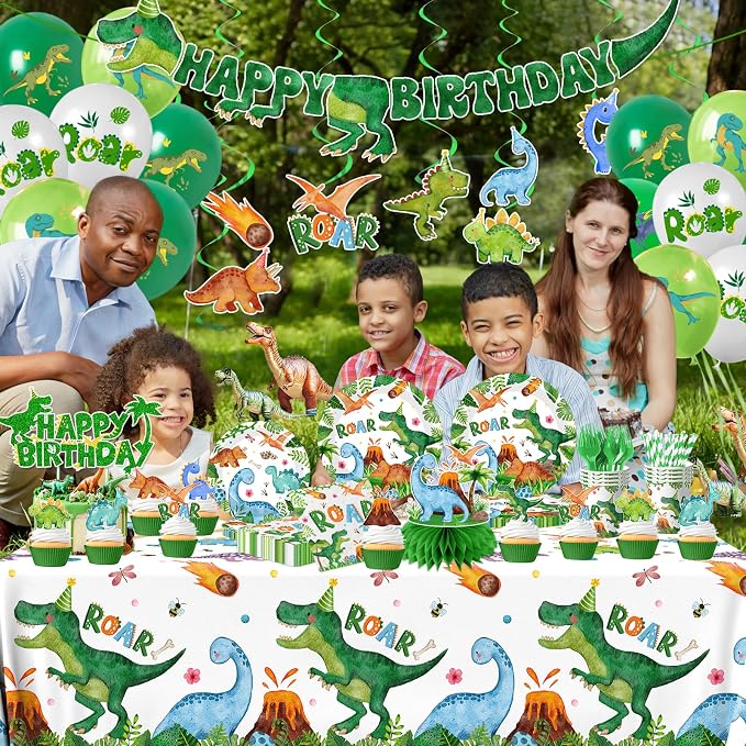 Dinosaur Birthday Party Supplies for Boys,Dinosaur Birthday Decorations Includes Party Plates and Napkins,Banner,12 Balloons,Tablecloth,Cups,Honeycomb Cupcake Topper,Hanging Swirls,Serve 24