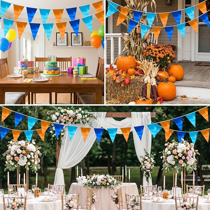130FT Lakeblue LightBlue Orange Triangle Pennant Banner Flag Metallic Fabric Bunting Garland for Christmas Graduation Wedding Anniversary Bachelorette Birthday Bridal Shower Valentines Party Supplies