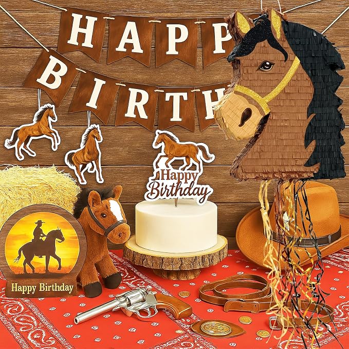 WERNNSAI Horse Piñata - Brown Horse Party Decorations Hanging Cowboy Piñata with Blindfold and Bat Western Cowboy Party Favors for Kids Boys Classroom Activities Kentucky Derby Games
