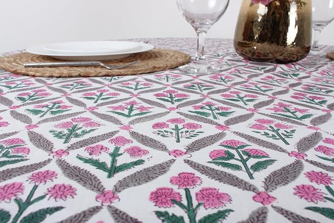 Ridhi Round Tablecloth Hand Block Print 100% Cotton Reusable Pink and White 110 Inch Table Cover Decorative Everyday Use for Dining, Home, Party, Wedding, Farmhouse Gift for Spring, Mother's Day