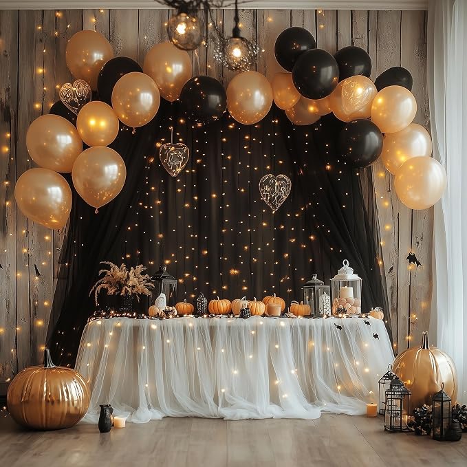 Fomcet Black Tulle Backdrop Curtains with Lights String 10FT X 10FT Sheer Curtains with Lights Tulle Curtain Backdrop for Wedding Birthday Party Photo Shoot (2 Panels 5x10FT)