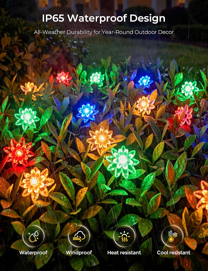 Brightown 50 LED Flower Solar String Lights Outdoor Waterproof, Multicolor Solar Powered Fairy Lights with 8 Lighting Modes for Garden Fence Yard Patio Christmas Tree Party Wedding Decor