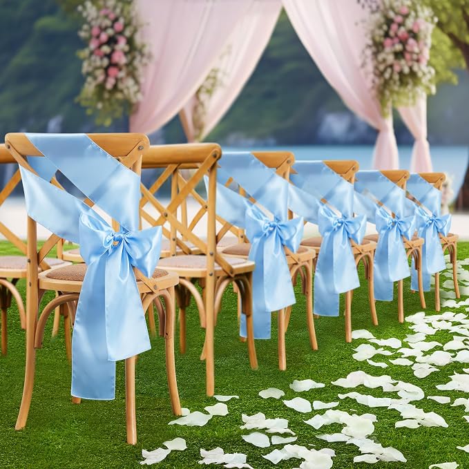 10 Pcs Light Blue Satin Chair Sashes Bows Universal Chair Cover for Wedding Reception Events Banquets Party, Hotel Event Decorations, 6 x 108 inch