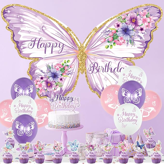 Roetyce Butterfly Birthday Decorations, Purple Happy Birthday Banner Backdrop Balloons Hanging Swirls Cake Topper for Home Party, Girls Women Butterfly Themed Party Suppiles Photo Background