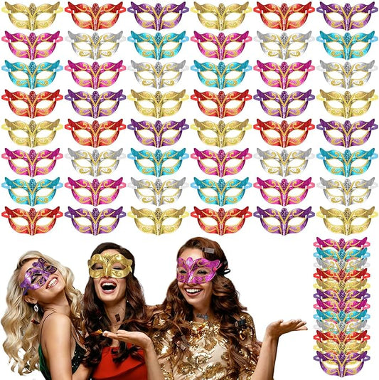VioraWhite 60 Pack Multicolored Masquerade Mask Gold Shining Plated Mardi Gras Mask for Purim Mardi Gras Wedding Party