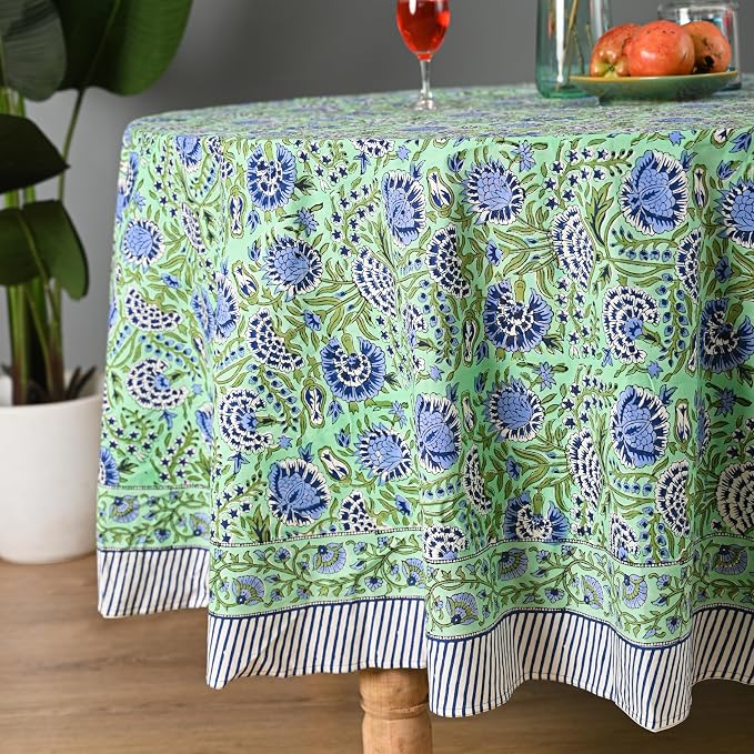 Hand Block Printed Tablecloth – Colorful Floral Print | 100% Cotton | Indian Artisan Handmade Art | Dining Room, Kitchen, Outdoor Décor, (Mint Green Blue, 8 Seater 90 Inches Round)