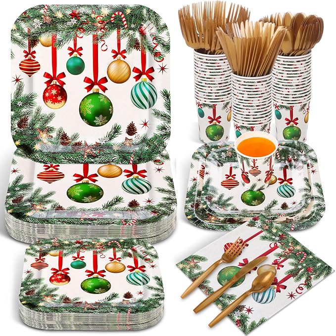 Ziliny 350 Pcs Christmas Party Supplies Christmas Tree Hanging Ball Party Tableware Set Square Paper Plates Disposable Napkins Cups Plastic Cutlery for Xmas Holiday Serves 50 Guests(Xmas Ball)