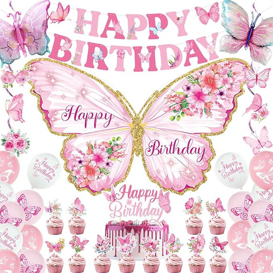 Roetyce Butterfly Birthday Decorations Girls, Pink Happy Birthday Banner Backdrop Balloons Hanging Swirls Cake Topper Kit for Home Party, Women Butterfly Themed Party Suppiles Photo Background