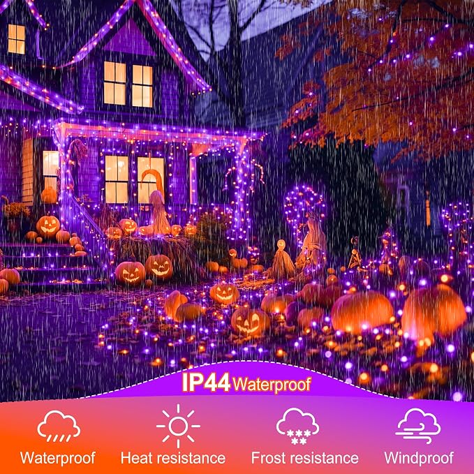 kemooie 500 LED Halloween Lights, 164FT 8 Lighting Modes Plug in Waterproof Fairy Lights for Outdoor Tree Party Garden Balcony Halloween Decorations (Purple and Orange)