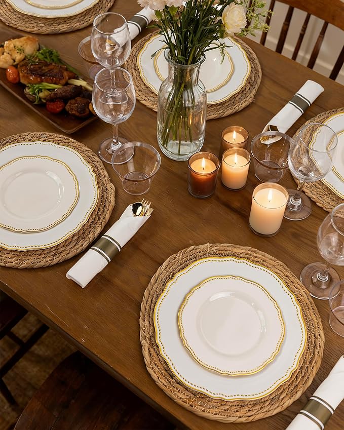 Hioasis 175pcs Ivory Gold Plastic Plates - Gold Plastic Dinnerware Set Includes 25 Dinner Plates, 25 Dessert Dinnerware, 25 Cups, 25 Napkins Perfect for Wedding & Party