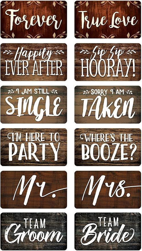 KING PROPS Rustic Photo Booth Props – 6 Double‑Sided Wedding Party Sign Cutouts for DIY Photo Booth, Bridal Shower & Reception Guests