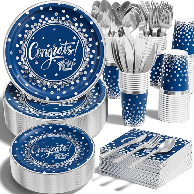Ecomore 2026 Graduation Party Decoration - 350 PCS Grad Supplies Disposable Dinnerware Set (Severs 50) w/ Navy Blue Sliver Paper Plates Napkin Cup Plastic Cutlery for College High School Class of 2026