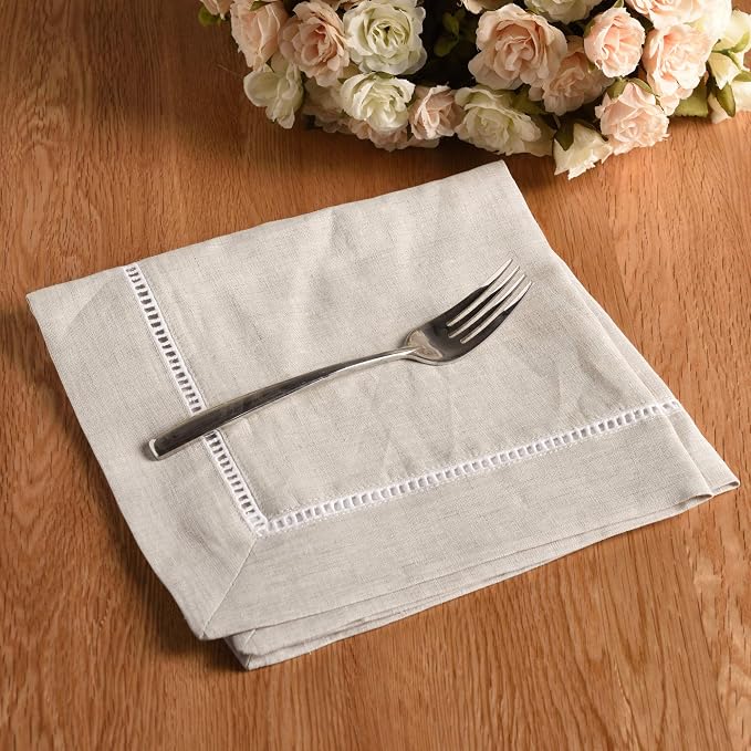 Simple&Opulence 100% Linen Dinner Napkins, Hemstitched Decorative 18x18 Inch Natural French Flax Cloth, Pack of 4 Reusable Napkins,Stone Washed with Handcrafted Mitered Corners