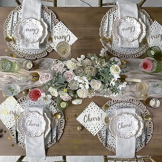 Kate Aspen 72pc Gold Foil Cheers & Dots Tableware Set Party Kit - 24pcs 7 inch & 9 inch Heavy Duty Disposable Party Plates, 24pcs 6.5 inch Durable Paper Napkins
