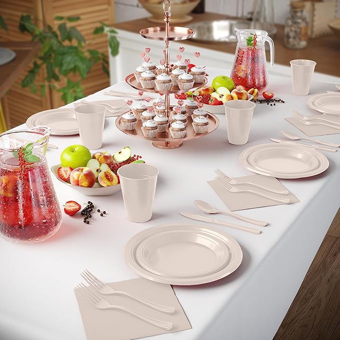 350 Pcs Ivory Plastic Plates For Party, Ivory Disposable Plates Set, 50 Of Each 9" Dinner Plate Set, 7" Dessert Plate, Cups, Napkins & Cutlery Plastic Dinnerware Set Exquisite