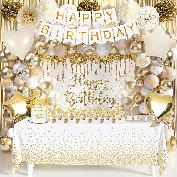 Gold Birthday Party Decorations White and Gold Birthday Decorations for Women Girls with Beige Cream Balloon Arch Sash Golden Tablecloth Banner Backdrop Cake Topper