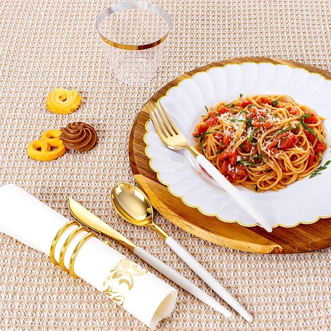 Ciaell 175 PCS White Scalloped Plastic Plates with Gold Trim - Gold Plastic Silverware with Handle - Fancy High-End Dinnerware Sets for Wedding & Party(25 Guests)