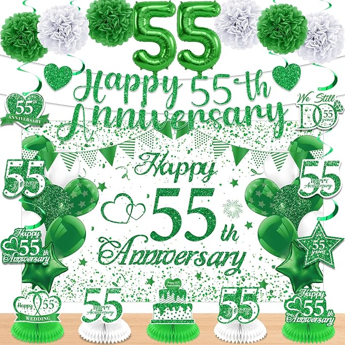 55th Wedding Anniversary Decorations Kit Green Happy 55th Anniversary Banner Backdrop Table Honeycomb Centerpiece Hanging Swirls Poms Decor for Men Women 55 Years Emerald Anniversaries Party Supplies