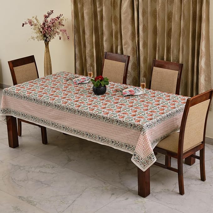 Ridhi Burnt Orange Hand Block Print Cotton Rectangle Tablecloth 120" x 80" inches Reusable Table Cover Decorative Everyday Use for Dining Room, Farmhouse, Home Gift for Spring, Mother's Day