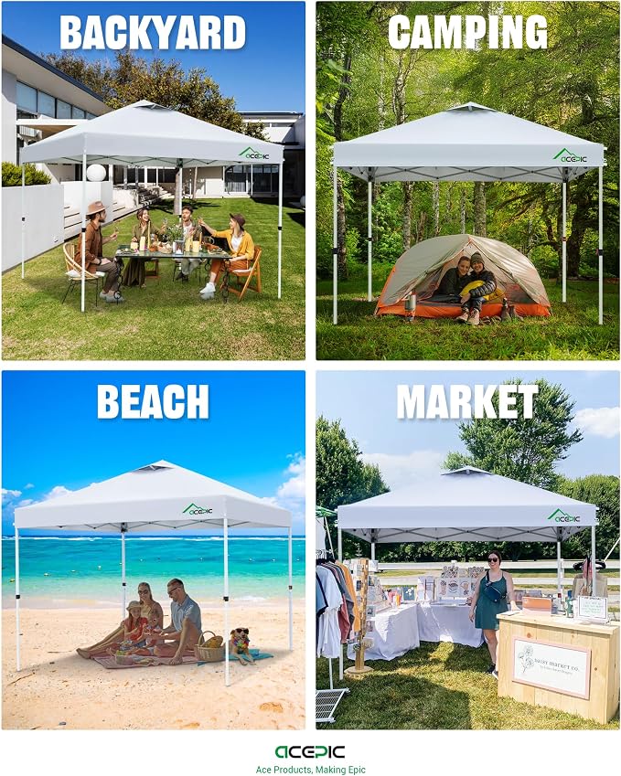 Acepic 10x10 Pop Up Canopy Tent, One Push Instant Outdoor Gazebo with Vented Top, Upgraded 300D Silver Coated Sun Shade for Parties Camping Vendor, Includes Wheeled Bag and 4 Sandbags, White