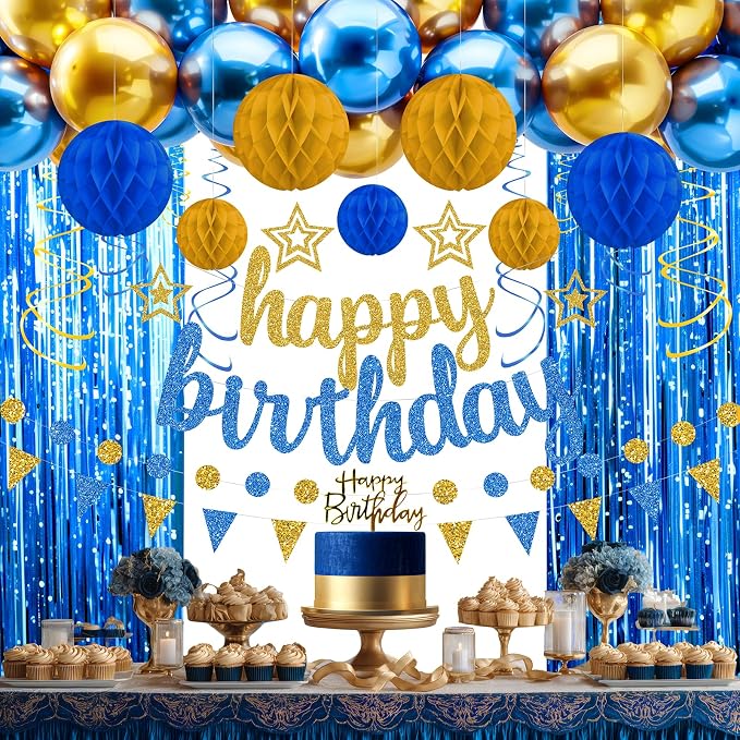Blue and Gold Birthday Party Decorations Set - Happy Birthday Banner Balloons Foil Curtains Hanging Swirls for Men Women Kids Birthday Party Supplies