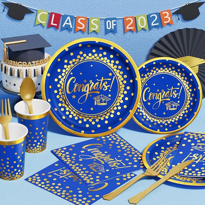Ecomore 2026 Graduation Party Decoration - 350 PCS Blue Gold Grad Supplies Disposable Dinnerware (Severs 50) w/ Congrats Paper Plates Napkin Cup Plastic Cutlery for College High School Class of 2026