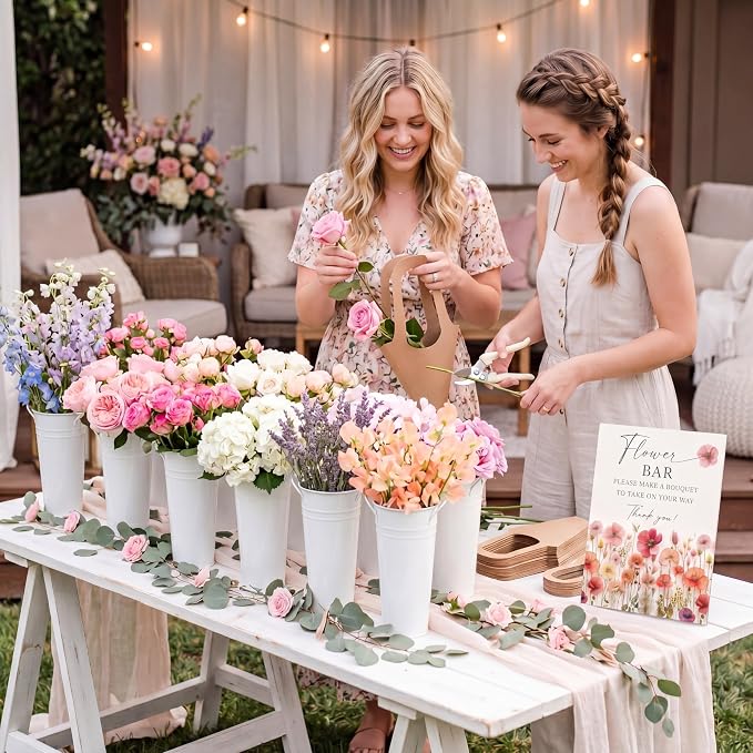 LEIFIDE Flower Bar Buckets Set Kit Bloom Bar Supplies Include Wood Sign Gift Bags Iron Bucket Garden Flower Shears for Wedding Bridal Shower Graduation Birthday Table Centerpieces(45 Pcs,Creamy White)