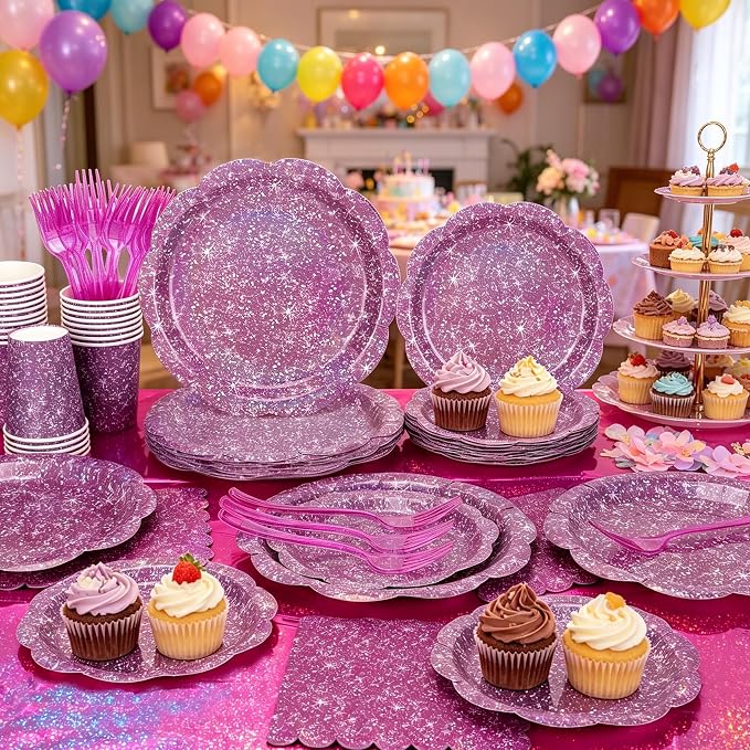 Purple Iridescent Plates and Napkins Set, Scalloped Disposable Holographic Plates Cups Napkins Forks Tablecloth Party Supplies for Birthday Baby Shower Bridal Shower Decorations, Serves 24 Guests
