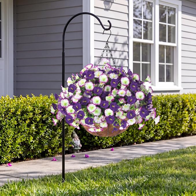 Artificial Flowers for Outdoors with Baskets Hanging Plant Faux Flowers UV Resistant Fake Silk Morning Glory with Eucalyptus for Planter Porch Garden Home Spring Summer Decoration(Gradient Purple)