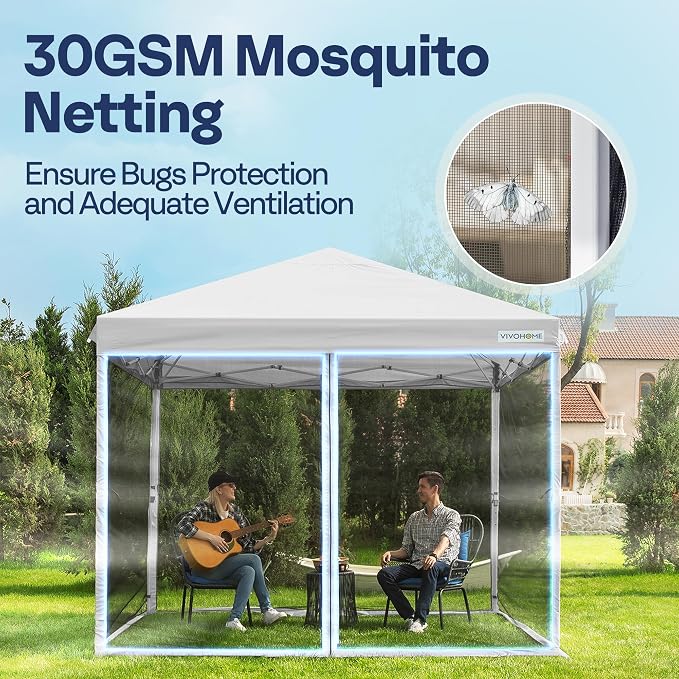 VIVOHOME 10x10ft Easy Pop-Up Canopy, Outdoor Screen Tent with Mosquito Netting, 2 Zipper Doors, and Roller Bag for Yard Camping Picnic Party Events, White