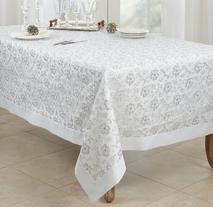 SARO LIFESTYLE Floral Embroidered Tablecloth, White, 65"x104"