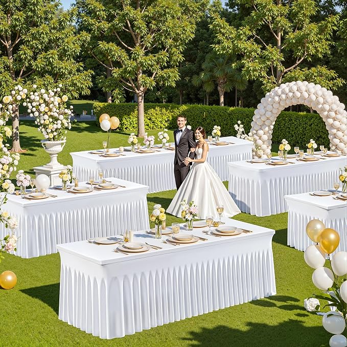 2 Pack 8ft White Spandex Tablecloths for Rectangle Tables Wrinkle Free White Rectangle Table Cloth Stretch Fitted 8 foot Table Cover with Skirt for Wedding Birthday Party Banquet Baby Shower Buffet