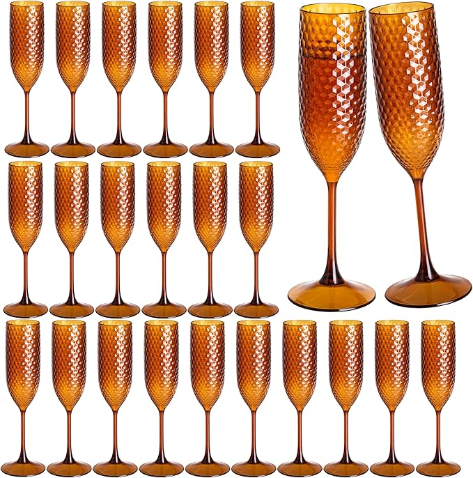 24 Pack Amber Plastic Champagne Flutes Mimosa Unbreakable Champagne Glasses Wedding Toasting Glasses 5.5 OZ Reusable Diamond Glasses Wine Cups Vintage Drinking Glasses for Wedding,Christmas,Party