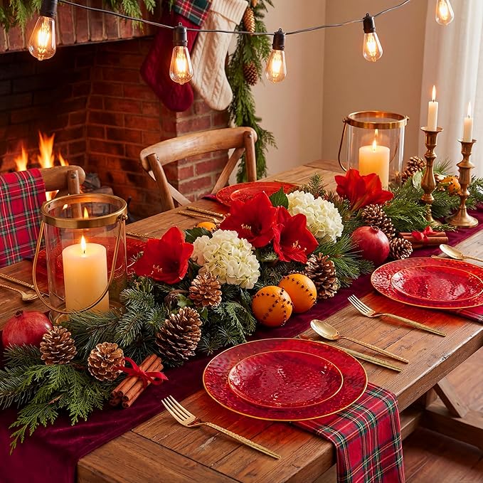 I00000 150Pcs Red Plastic Plates with Gold Rim,Fancy Plastic Plates,Red hammer patterned Disposable plates Set include 30 Dinner Plate,30 Dessert Plate,90 plastic Silverware Set for Valentine's Day