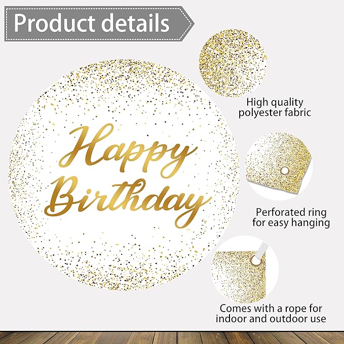 12x10 FT Glitter Happy Birthday Backdrops Banner Polyester White and Gold Spots Large Happy Birthday Background Sign for Women Men Decorations Photo Booth Props Supplies Banner