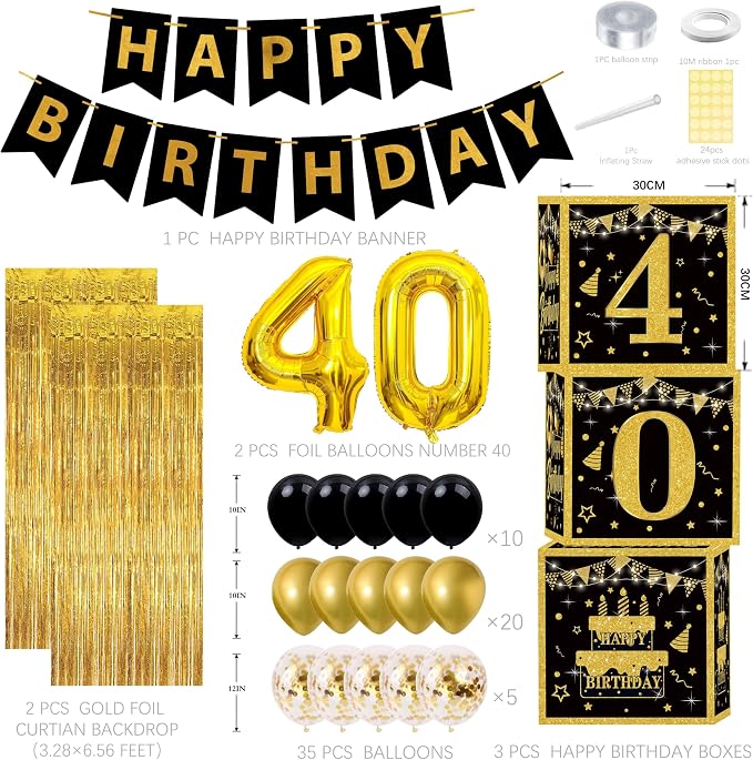 Gold 40th birthday decorations for men,3pcs birthday Decorations for Men boys black and gold Balloon Boxes Birthday Party Favors