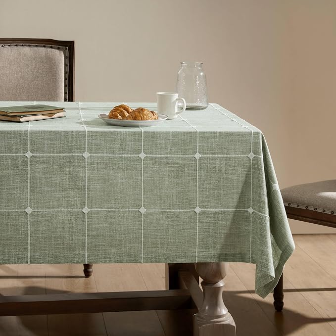 ZeeMart Grid Embroidered Hemmed Tablecloths, Green 52x52 Inch, Farmhouse Style Heavy Weight Cotton Linen Sage Green Tablecloths, Boho Plaid Water Resistant Square Table Cloth
