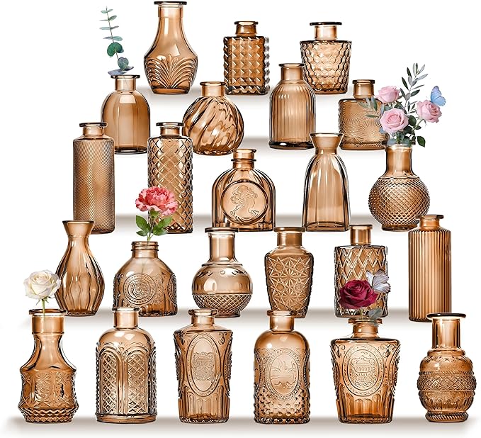 Mini Bud Vases As Wedding Centerpieces for Tables,Clear Bud Vases for Flowers,Small Flower Vases Suitable for Birthday Party,Anniversary,Wedding Reception,Baby Shower (Amber, 24PCS)