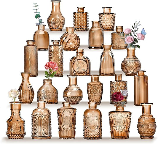 Mini Bud Vases As Wedding Centerpieces for Tables,Clear Bud Vases for Flowers,Small Flower Vases Suitable for Birthday Party,Anniversary,Wedding Reception,Baby Shower (Amber, 24PCS)