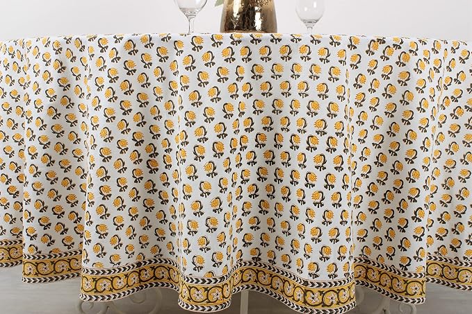 Ridhi Round Tablecloth Hand Block Print 100% Cotton Reusable Vintage Yellow 132 Inch Table Cover Decorative Everyday Use for Dining, Home, Party, Wedding, Farmhouse Gift for Spring, Mother's Day