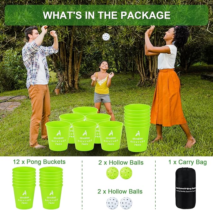 Aivalas Yard Pong Outdoor Games Glow Set in Dark, Giant Yard Pong Game for Adults and Family with 12 Buckets, 4 Balls and a Carrying Bag, Giant Pong for Beach, Camping, Lawn and Backyard