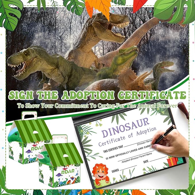 38 Pcs Adopt a Dinosaur Party Favors Include 12 Mini Dinosaur Stuffed Animals 12 Foldable House Gift Boxes 12 Adoption Card 1 Adoption Sign 1 Fence for Adopt A Pet Party Dino Birthday Supplies